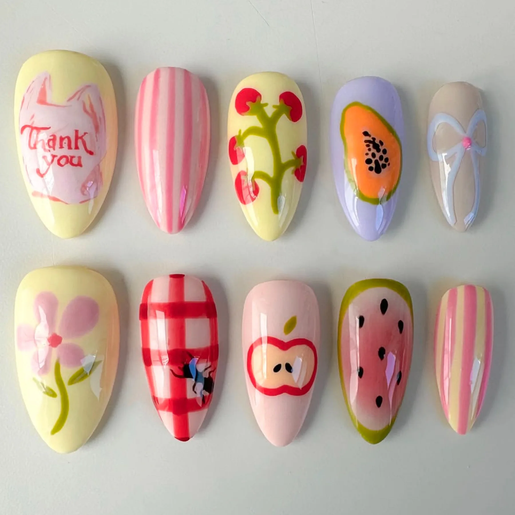

10 шт., накладные ногти ручной работы, милые накладные ногти с цветочным принтом и фруктами, носимые съемные накладные ногти Spice Girl, розовый миндаль