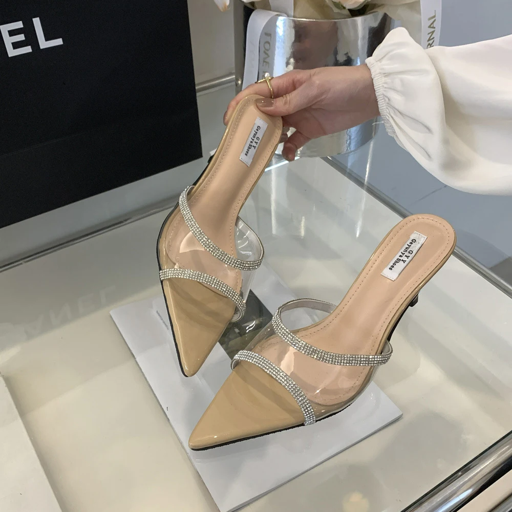 Women's Rhinestone Clear Pointed Open Peep Toe Stiletto Heel Slide Sandals Slip-On Transparent Sexy Dress High Heels Mules