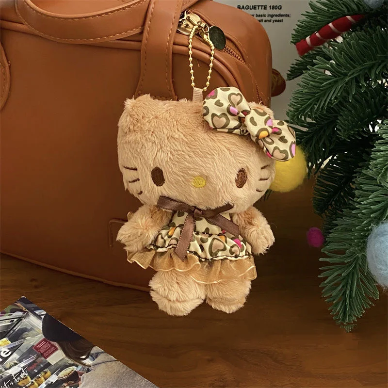 Sanrio 헬로 키티 브라운 레오파드 인쇄 레이스 스커트 봉제 인형 키 체인 소녀 가방 펜던트 지퍼 장식 어린이 장난감