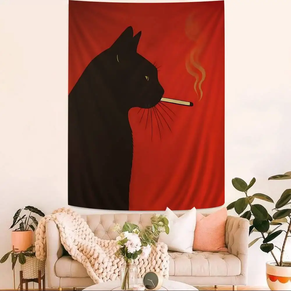 Black Cat Smoking A Cigarette Vintage Cartoon Tapestry Wall Hanging Decoration Household Home Decor