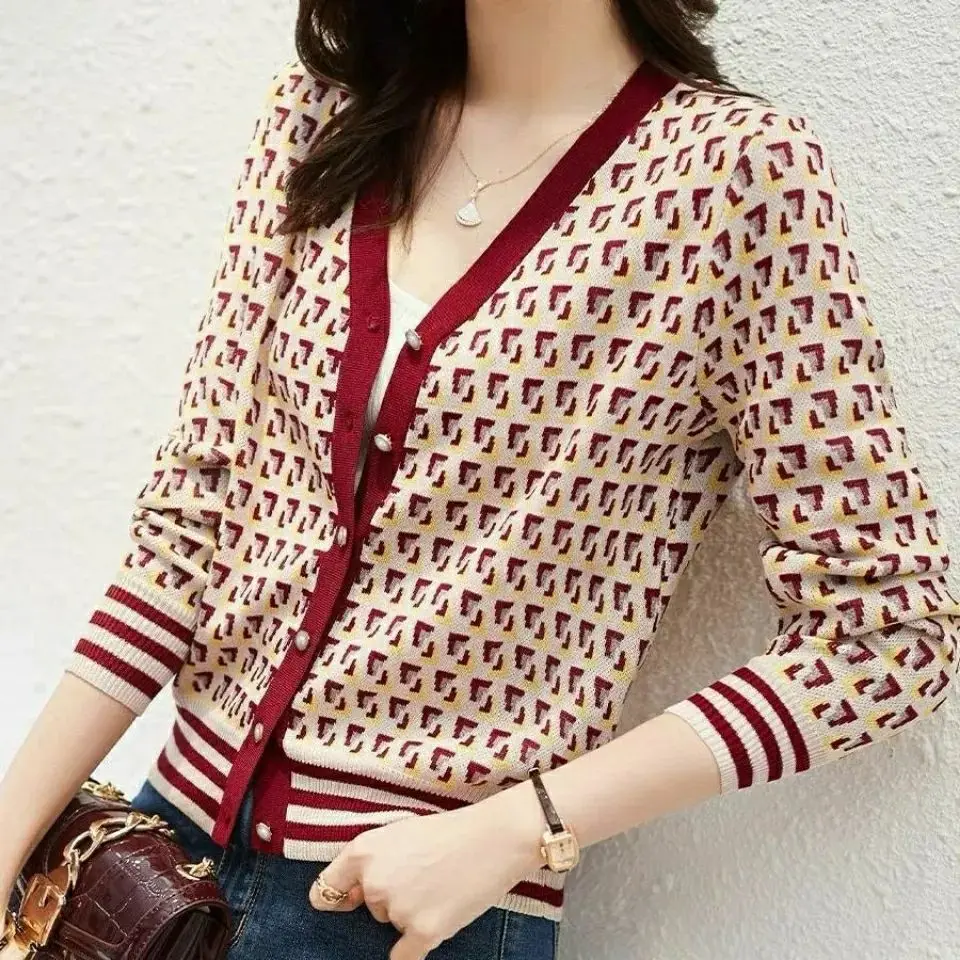 Autumn New Fashion Printing V-neck Long Sleeve Sweater Coat Women Clothing Fashionable Plaid Knitting Cardigan Ladies Top Tee