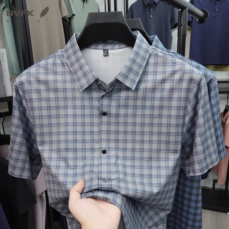 

Men Plaid Checkered Short Sleeve Shirt Wrinkle Resistant Ice Silk Tops For Men Office Business And Daily Use
