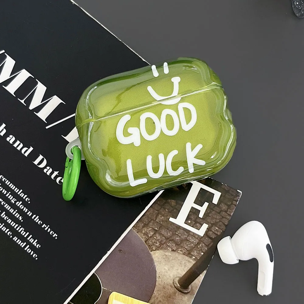 Funda para auriculares con letras en inglés verde INS para Apple Airpods Pro 2, cubierta con borde trenzado, colgante de sonrisa para Airpod 1, 2, 3, tercera generación