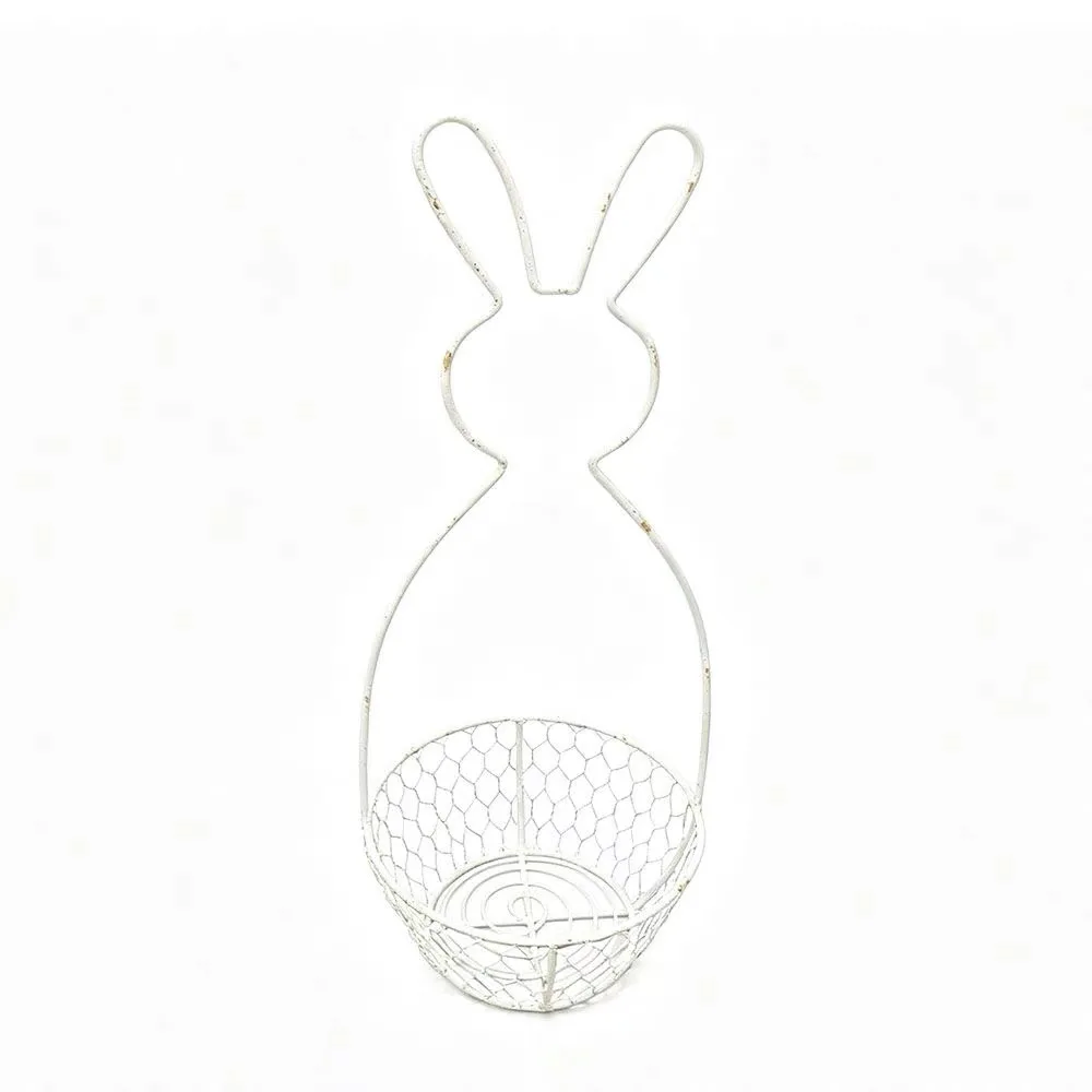Vintage White Bunny Basket Planter Rustic Metal Rabbit Flower Pot Holder Farmhouse Easter Garden Decor Basket