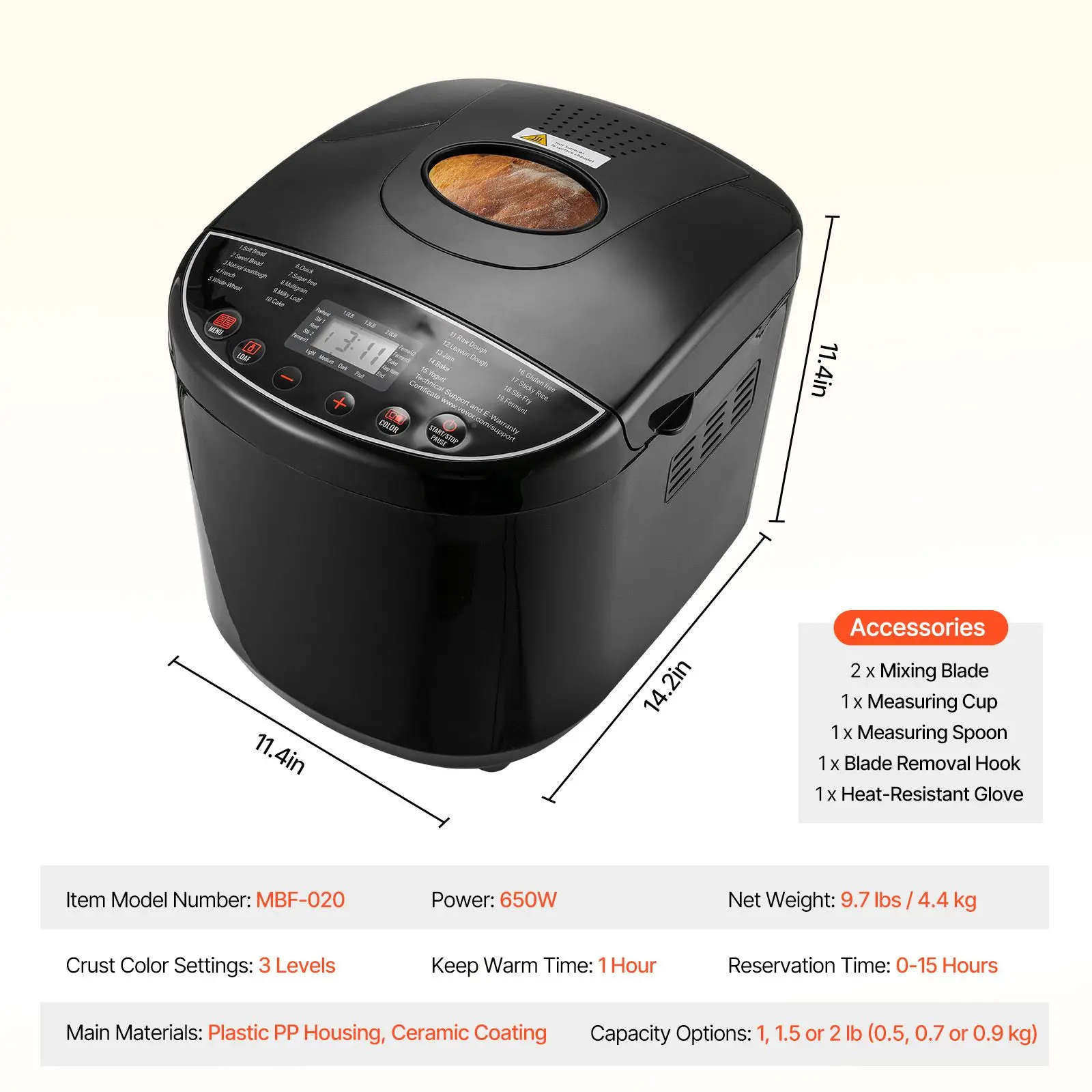 Bread Maker, 19-in-1 2LB Dough Machine, Nonstick Ceramic Pan Automatic Breadmaker with Gluten Free Setting, Whole Wheat Bread Making, Digital, Programmable, 3 Loaf Sizes, 3 Crust Colors