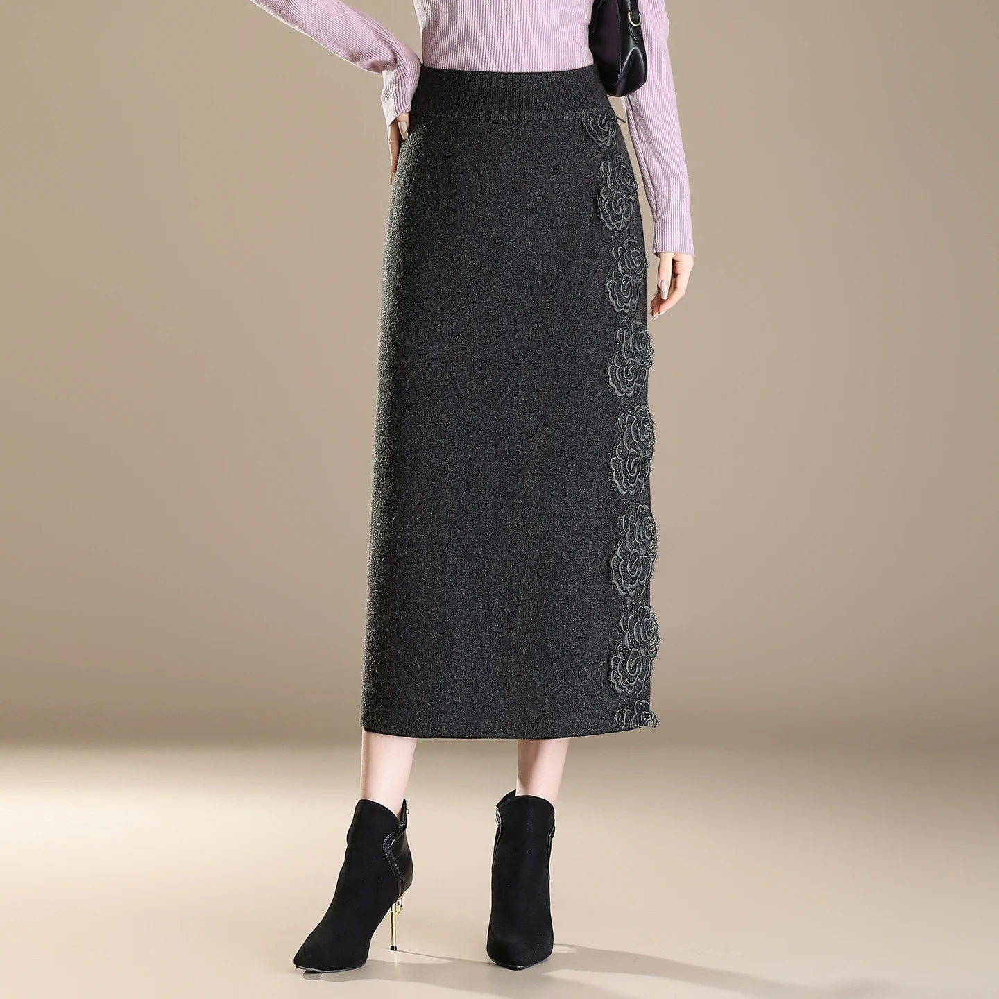 

Ele Embroidered Peony Flower Woolen Skirt High Waist Bodycon Straight Cut Mid-Length Autumn Winter New Sle Women's Skirt