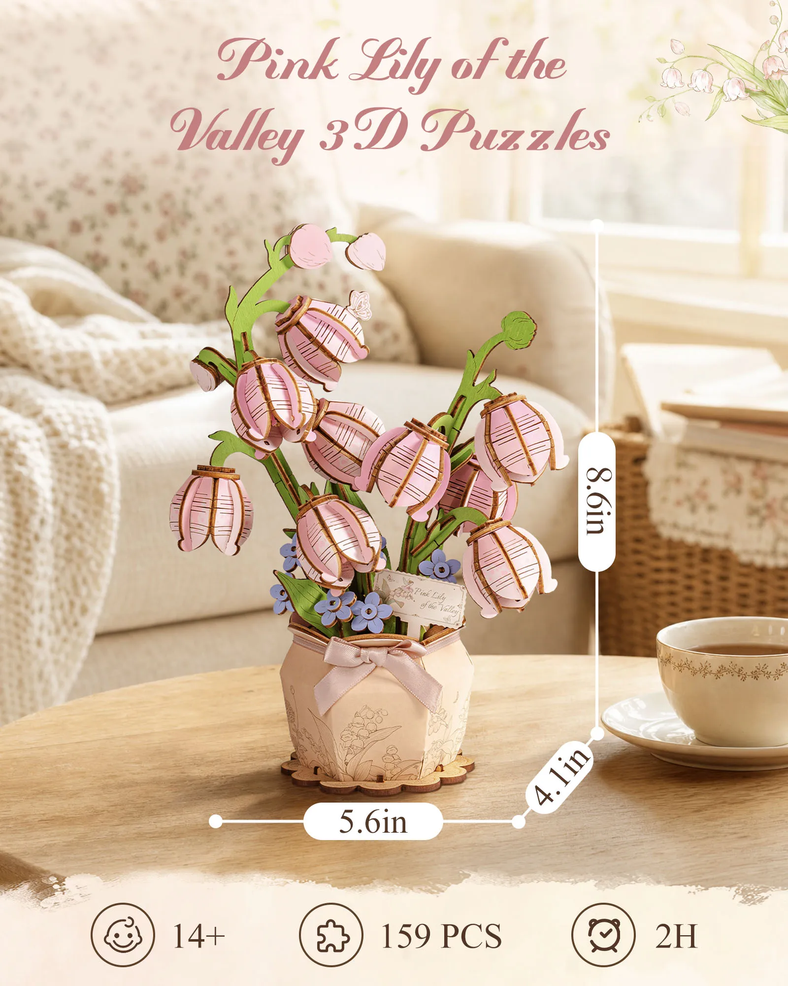 ROKR Lily of the Valley Puzzle Pink Wooden Flower Model Kit Artificial Flower Building Kit Home Decor Gift for Mother's Day TF0