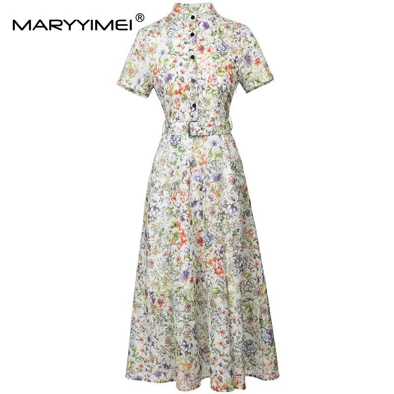 

MARYYIMEI Floral-Print Women's Casual Holiday Dress Turn-Down Collar Single-Breasted Short-Sleeved Lace-Up Slim Dresses