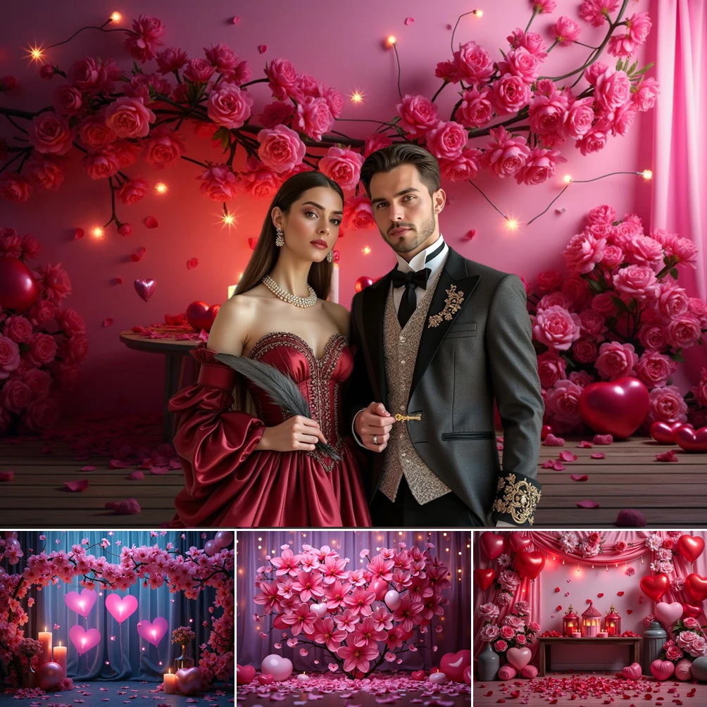 

MOON.QG Women's Birthday Backgrounds For Photographs Valentines Day Rose Heart Balloon Backdrop Girl Accessories Photo Studio