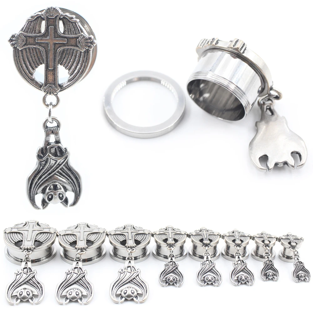 Alisouy 1PC Stainless Steel Cross Bat Pendant Threaded Ear Gauges Tunnel Plug Expander Stretcher Earrings Piercing Body Jewelry