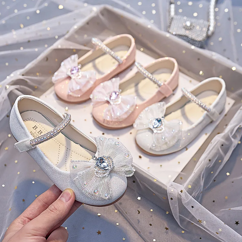 Girls Mary Jane Shoes with Bow-knot Fashion Kids Pearls Crown Princess Shoes for Party Wedding Children Leather Shoes