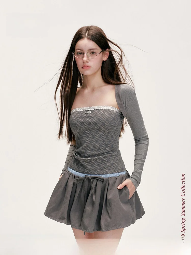 

Balletcore Sle Long Sve Knitted Sweater with Lace Trim Color Blo Plaid Crop Top Two-Piece Set for Young Girls