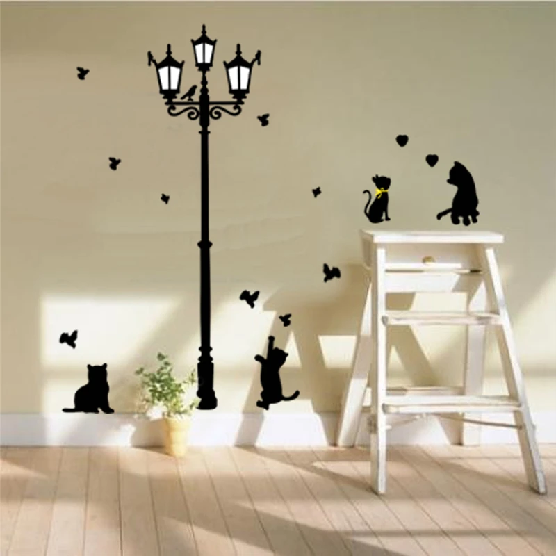 Cute Cat Butterfly Lamppost Wall Sticker for Home Decorations Diy Animal Wall Decal Kids Room Mural Art Peel And Stick