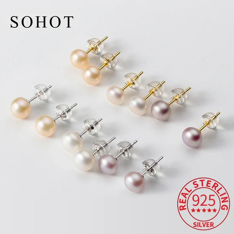 

Fashion Real 925 Sterling Silver Round Pearl Stud Earring For Fashion Women Classic Fine Jewelry Minimalist Accessories Gift