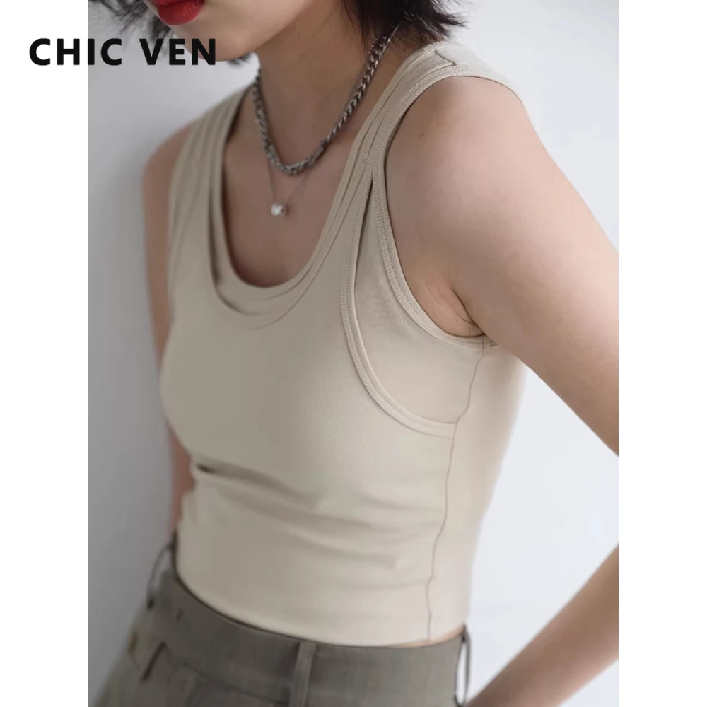 

Модная женская майка CHIC VEN: приталенный однотонный топ без рукавов с U-образным вырезом, весна-лето 2026