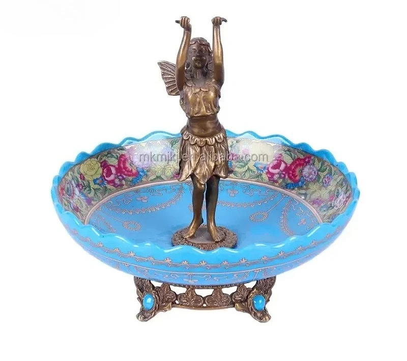 Antique Home Decor Hand Painted Classical European Style Fruit Bowl Luxury Gold Brass Metal Blue Porcelain Tray and Vase Set view 3