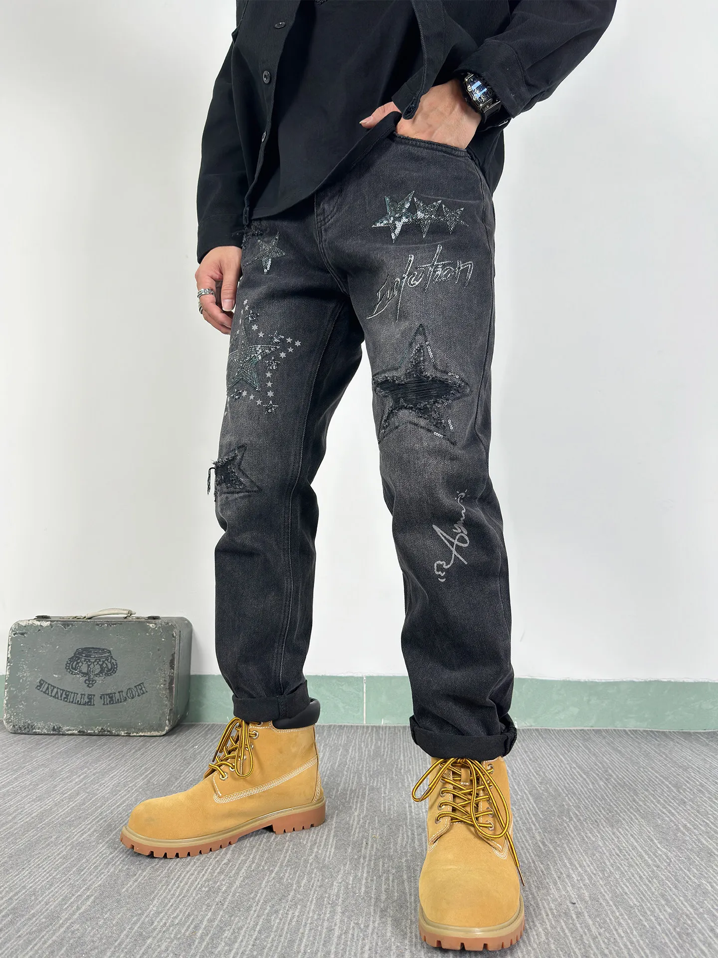 

Модные мужские джинсы свободного кроя с микро-конусными молниями, черные, с дырками, зимние, повседневные, из хлопкового стрейч-денима, со средней посадкой, эластичные, ручной работы