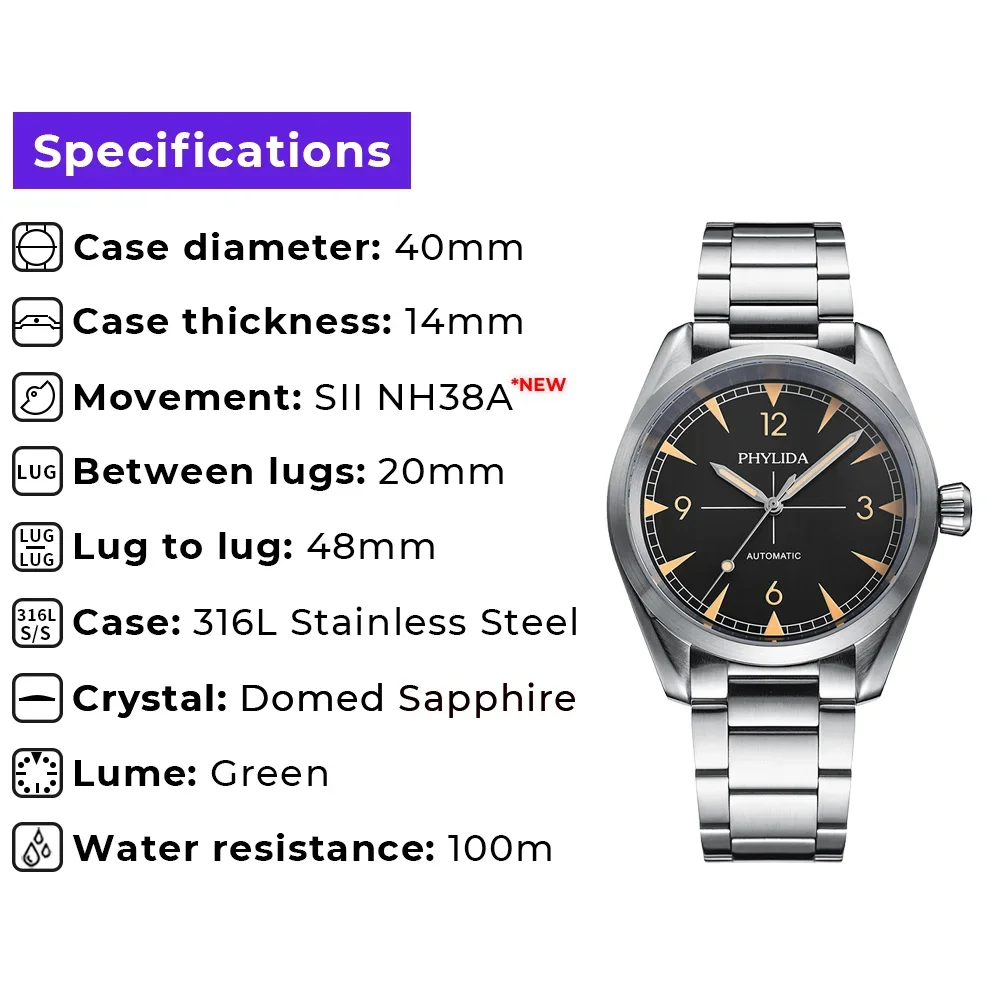 PHYLIDA 40mm Men\'s Automatic Watch Classic Mechanical Wristwatch Black Dial NH38A Movement 100M Water Resistant Fully Brushed