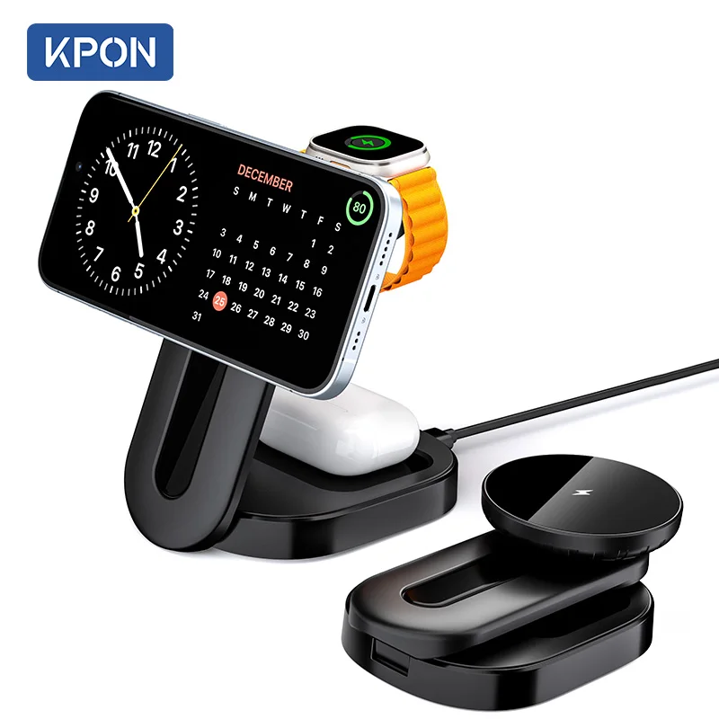 

KPON 3 In 1 Magnetic Wireless Charger Stand Foldable for iPhone 15 14 13 12 Apple Watch AirPods 15W Fast Charging Dock Station