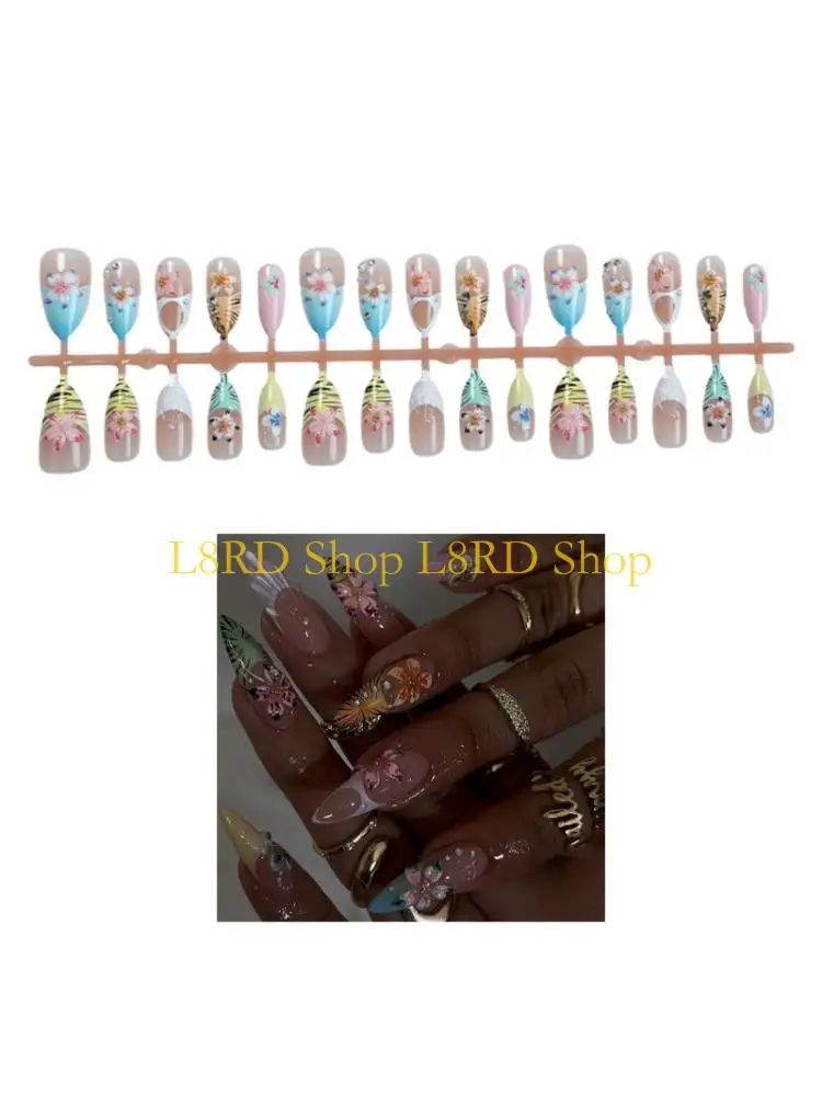 l8rd-アーモンド-ネイル-ネイル-プレス-フラワー-デザイン-フレンチ-チップ-ネイル-グルー