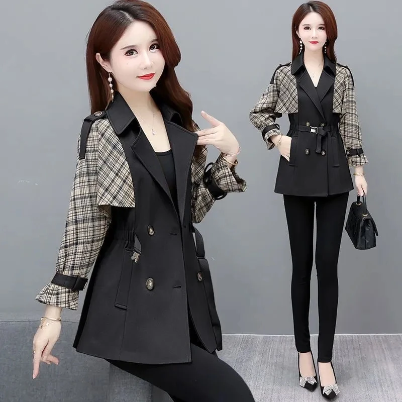 

2025 New Windbreaker Women's Spring Autumn Suit Collar Coat Splicing Trench Coat Female Lining Outwear Khaki Elegant Jackets