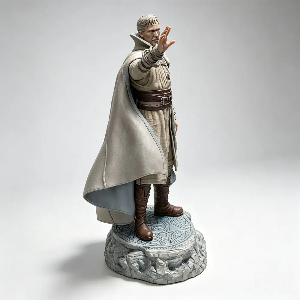 1/24 Scale male mage in a spellcasting pose, resin model kit in mage attire, GK mini 3D printed gray statue, unpainted.