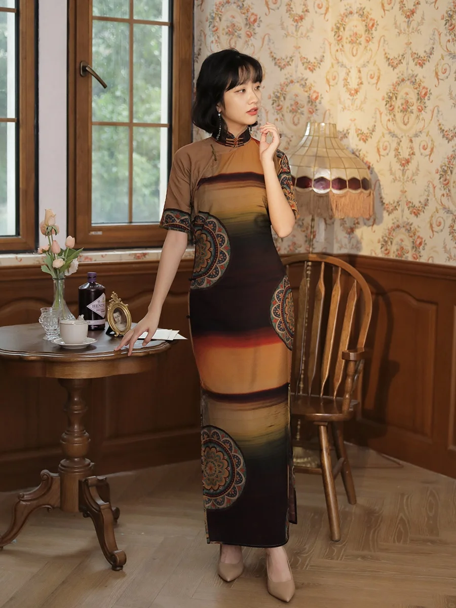 

Silk Road Cotton Blend Midi Qipao Full Slit Sleeveless Retro Style Daily Wear Floral Print