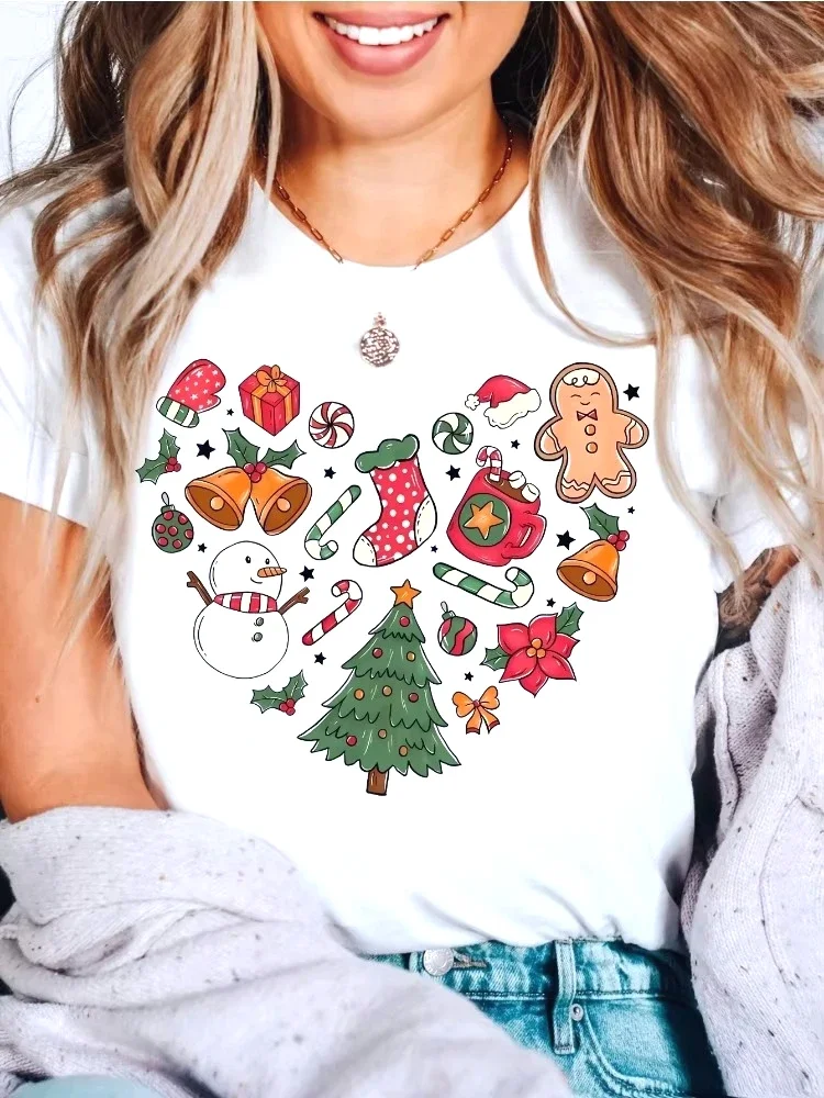 Christmas Heart Print TShirt Holiday Design Featuring Gingerbread Women Candy Canes and Snowflakes Soft Crew Neck Casual Top