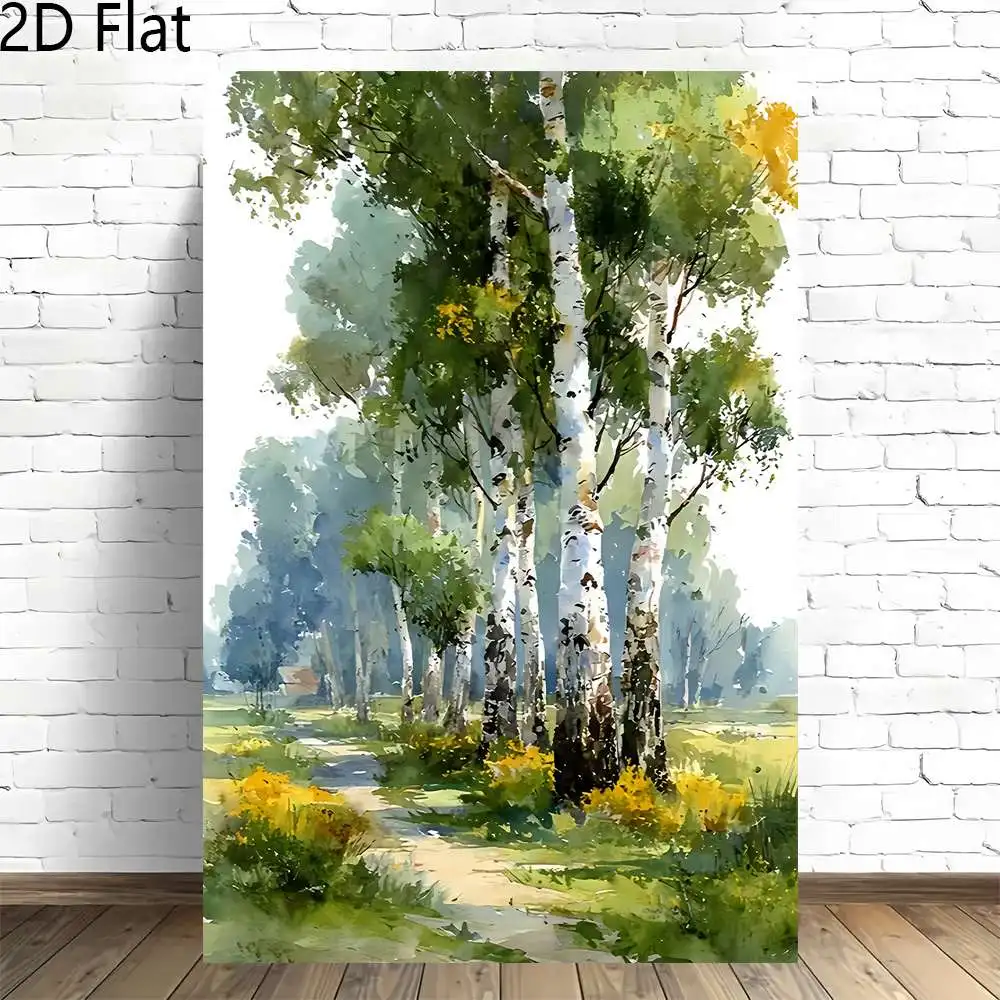 2D Flat, 1pc, Watercolor Birch Forest Path Frameless Canvas Artwork for Home and Office Wall Art Decor, 2D Flat Great for Bar