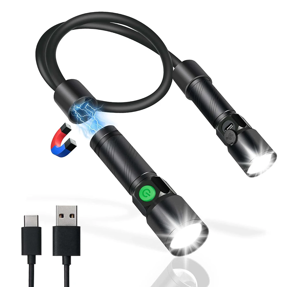 LED Neck Light, High Lumens Rechargeable Neck Flashlight with Magnetic Base, Neck Work Light with 2 Small Flashlights Outdoor