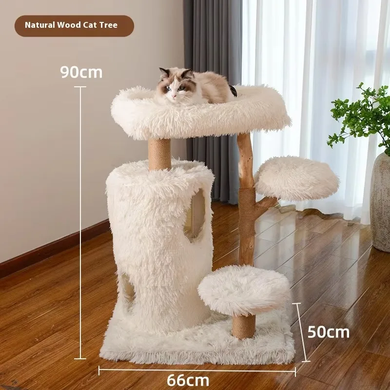 2026 New Solid Wood CatTree Natural Fruit Wood Double Layer Cat House with Jute Rope Scratching Posts Home Use CatTree Pet Nest
