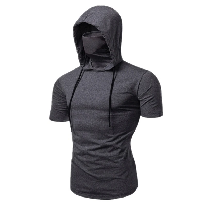 Men New Gym Thin Hoodie Short Sleeve Hoodies With Mask Sweatshirt Casual Splice Large Mask Hoodie Sweatshirt Hooded Tops Cycling