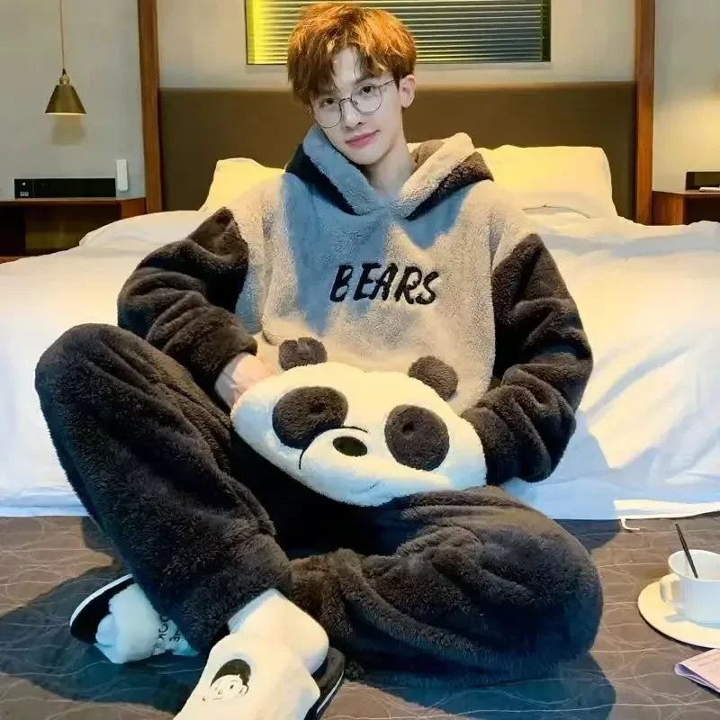 

Men Pajamas Plush Coral Fleece Pajamas Autumn Winter Male Sleepwear Thicken Long Sleeves Hooded Cartoon Warm Loungewear Set