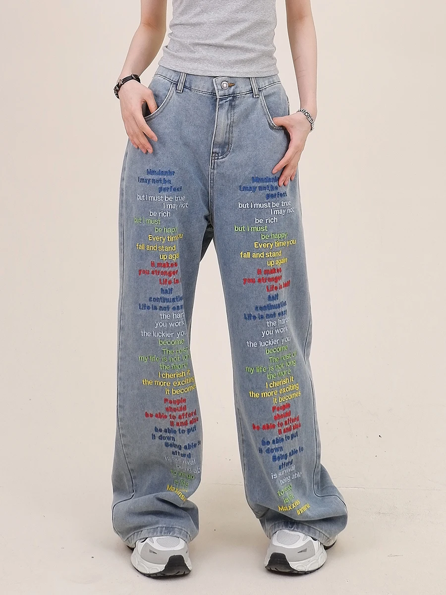 Dopamine Letter Embroidered Jeans Female 2024 Summer New Loose Bf American High Street