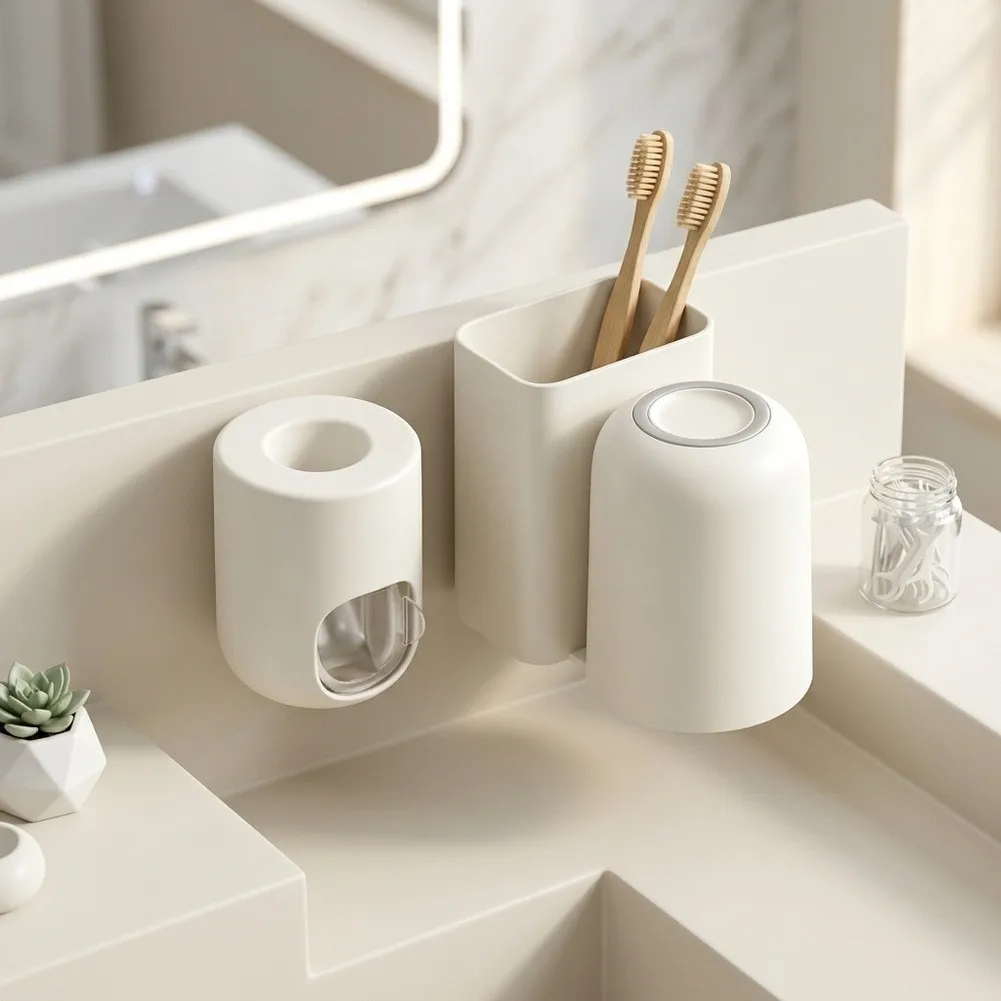 Wall Mounted Toothbrush Holder with Built-in Toothpaste Dispenser for Bathroom Kitchen RV Use No Drill Installation Required