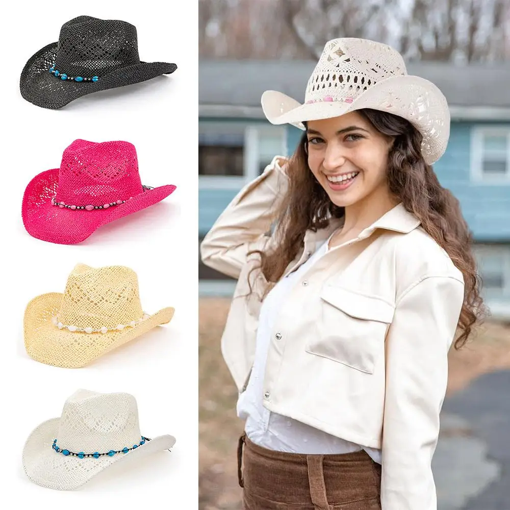 Retro Straw Cowboy Hat Vacation with Shapeable Brim Western Cowgirl Hat Beaded Hearts Trim Wide Brim Beach Sun Hat for Women