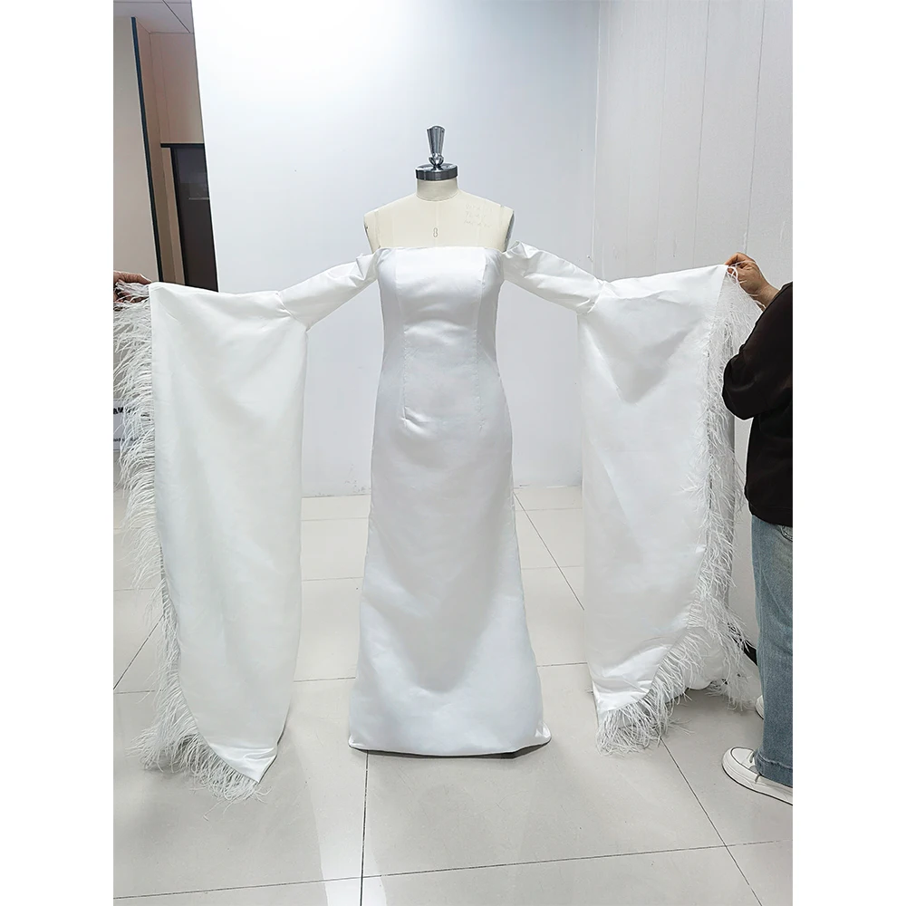 Exquisite White Evening Dress Feathers Long Sleeve Floor Lemgth Straight Elegant Gown Sweep Train Vestidos De Noche 2024 Tailor