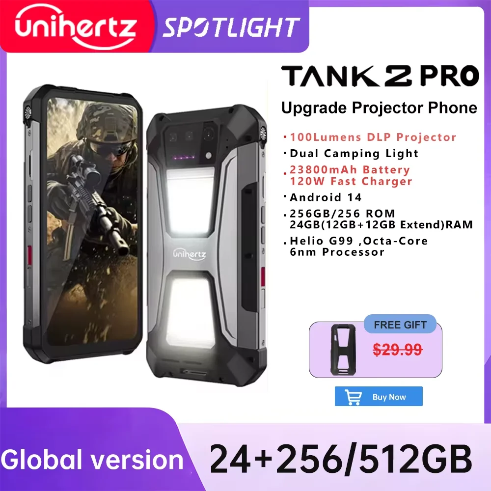 Unihertz tank 2 Pro 8849 rugged with projector 2.4K 23800 mAh 24GB + 512GB Android 14 100MP NFC 120W Helio G99 Octa Core Dual SIM