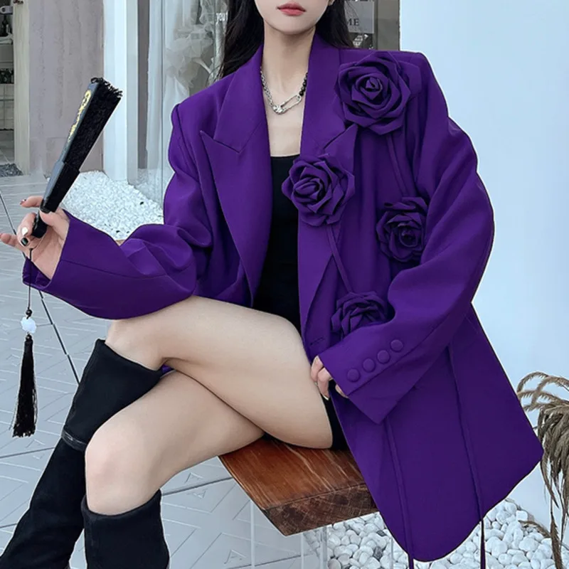 [EWQ] Purple 3D Flower Design Long Sleeve Blazer Coat Fashion All-match Chic Loose Women Suit Coats 2024 Autumn New Tide 16O2904