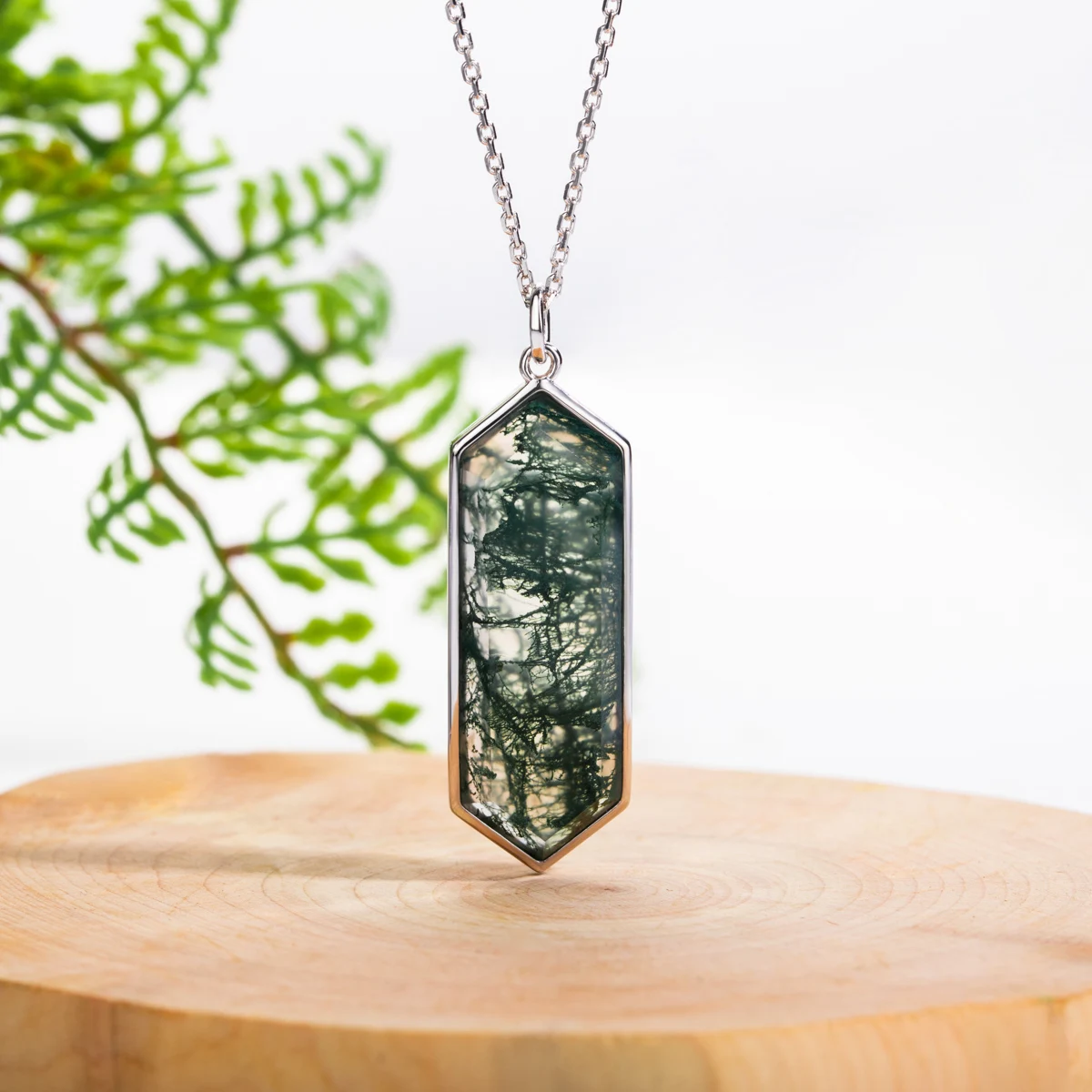 AliMoss 10*30mm Geometry Cut Moss Agate Necklace 925 Sterling Silver Pendant(18+2in) for Women Anniversary Birthday Gifts