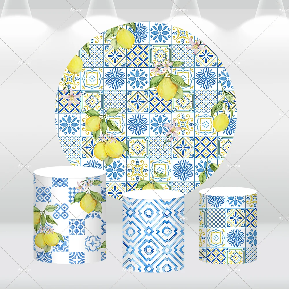 

Mediterranean Tile Engagement Round Backdrops Cover Positano Morocco Lemon Circle Background Bridal Shower Photobooth