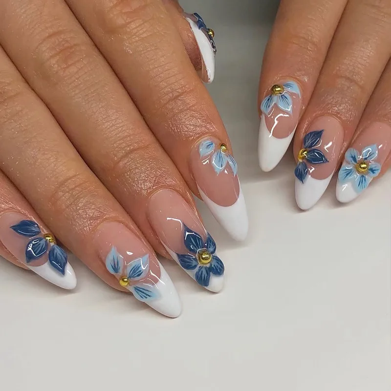 24PCS Retro Blue Simple Flowers Almond Press on Nails Full Cover Glossy White French Nail Golden Steel Ball Fake Nails for Women