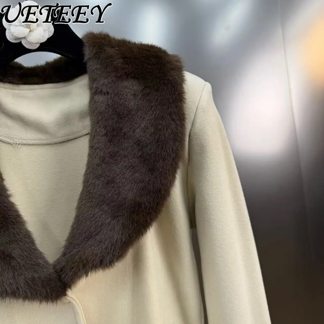 Outono inverno novo americano retro dupla face velo emendado gola de pele camisola curta casaco versátil emagrecimento malha cardigan