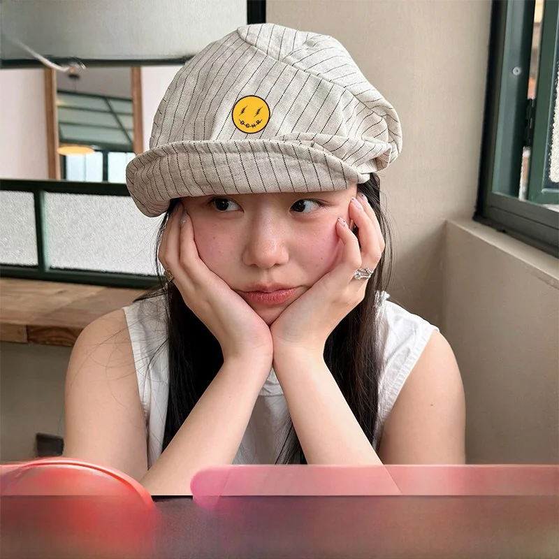 dfemhoves-women's-summer-thin-pleated-beret-hat-striped-foldable-painter-cap-round-top-short-brim-fashionable-all-seasons