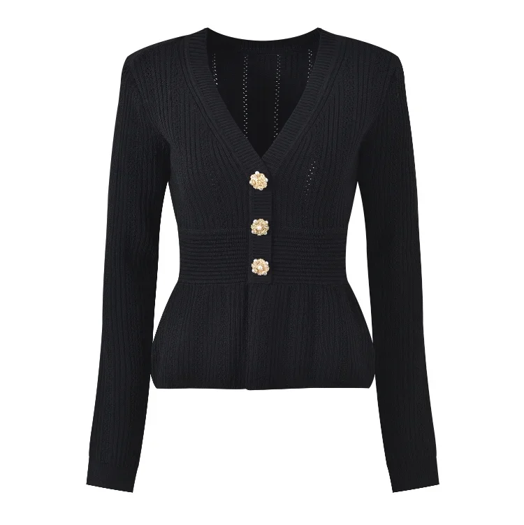 Women Black Slim Sweater Rhinestone Pearl Buttons Hollow Out V-Neck 2024 Early Autumn Long Sleeve Temperament Cardigan 5240282