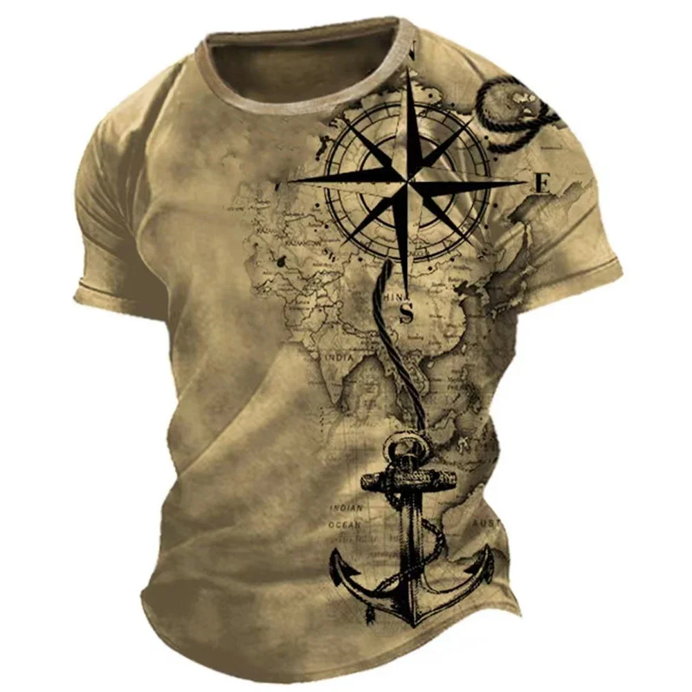 Vintage Men\'s T-shirt Summer American Shirt Tops Compass Printed Short-sleeve Tees Loose Daily Men Clothing Casual Streetwear