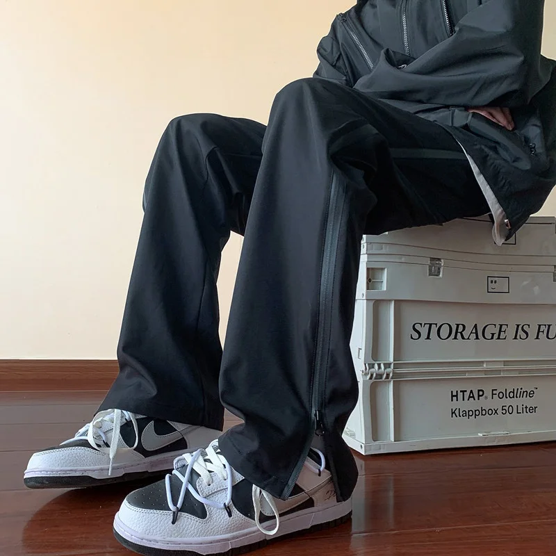 

Casual Straight Leg Men's Sport Pants Zipper Design Spring Autumn Oversize American Trendy Brand Anti-Wrinkle Long Trousers