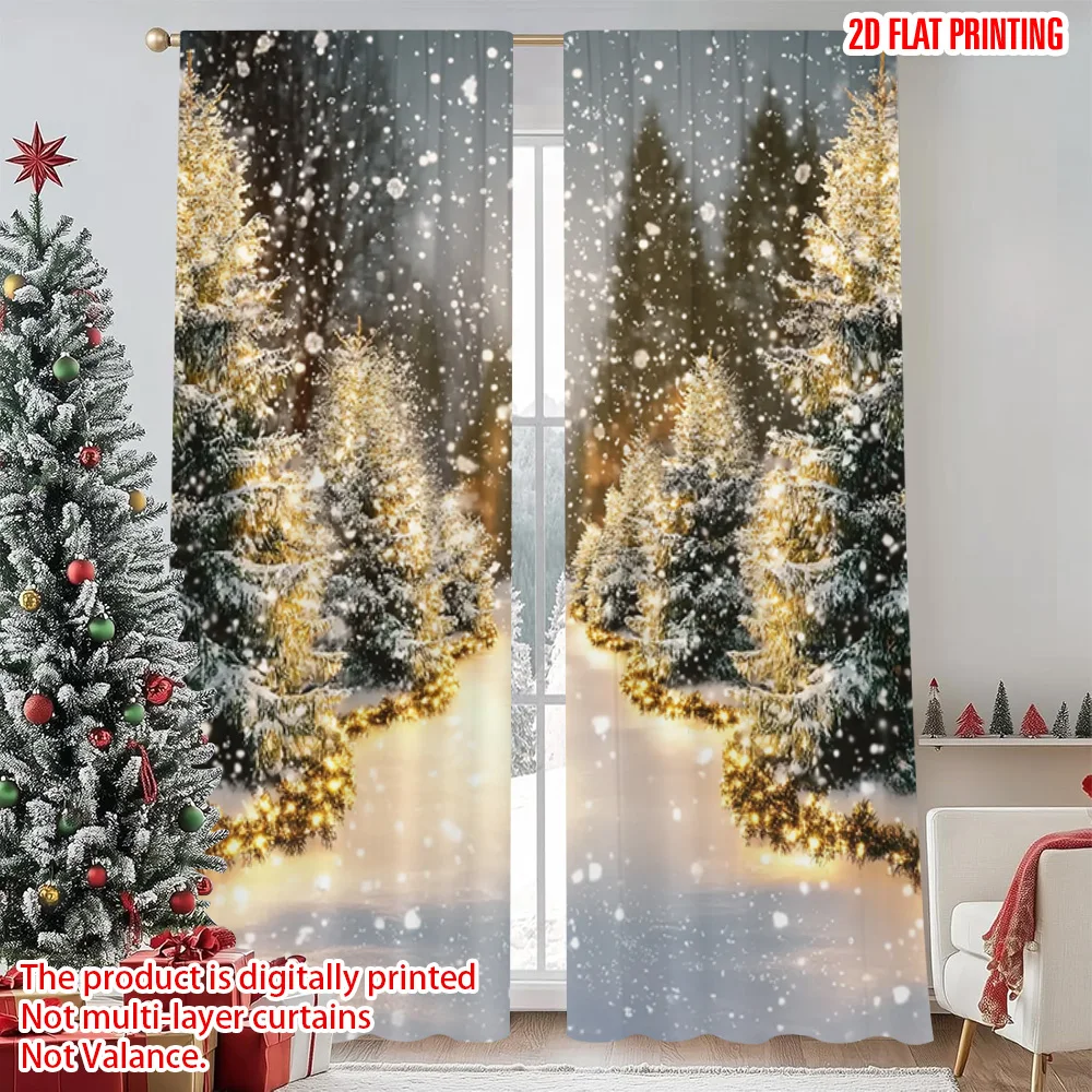 

2pcs 2D flat printing Merry Christmas Window Drapes Winter Christmas Snow Durable Polyester Without Electricity Festive Wall
