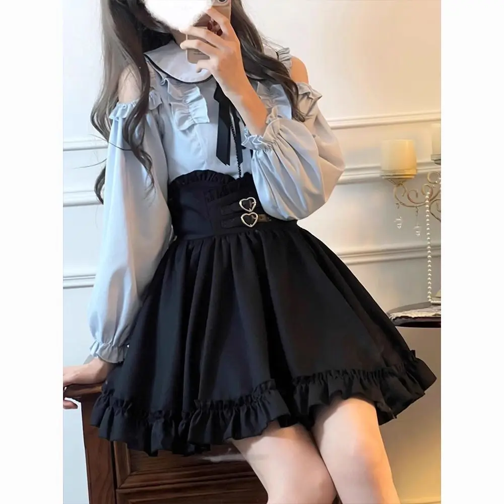 

Japanese Style Gothic Y2k Lolita Bow Doll Collar Off Shoulder Shirt Top Waist Cinching Skirt Set Sweet Women Shirt Party Dresses