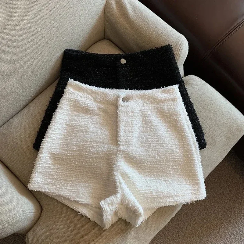 Mexzt tweed shorts feminino elegante cintura alta perna larga shorts senhora do escritório coreano branco preto casual todos os jogos chiques calças curtas novo